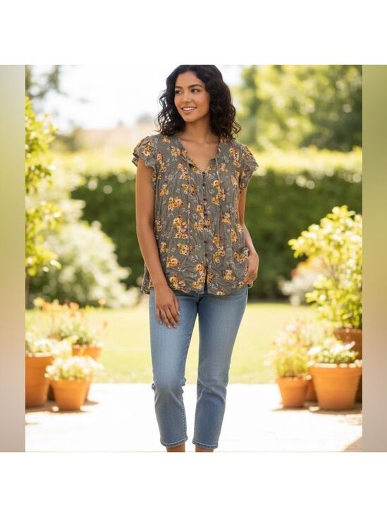 mason & belle Tops - Mason & Belle Floral Smocked Button Front Top 2X Olive Green Boho Peasant